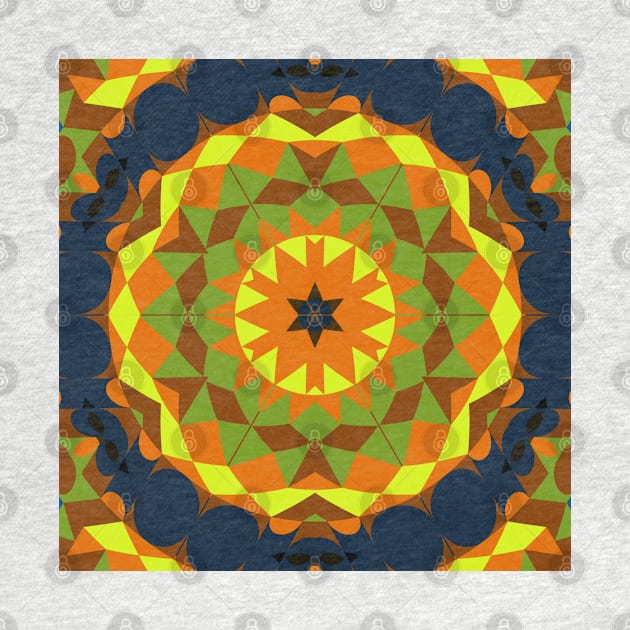 Retro Mandala Flower Orange Yellow Green and Blue by WormholeOrbital